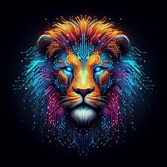 Lion Head Fusion: Merging with Colorful Electronic Board, Symbolizing Powerful Technological Advancement