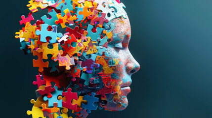 A persons head is depicted through the assembly of various puzzle pieces, creating a mosaic-like effect