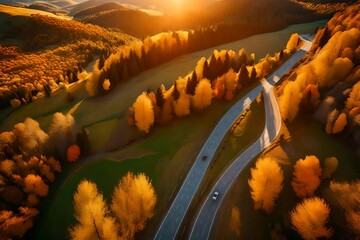Aerial view of road in alpine meadows at sunset in autumn. Top view of rural road, mountains, forest in fall. Colorful landscape with country roadway, orange trees, hills, yellow grass