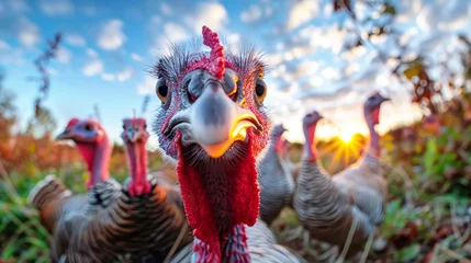 Fotobehang A flock of majestic turkeys standing gracefully on a lush green field © Anoo