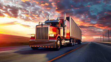 A cargo semi-truck travels down a desert road under a clear blue sky, surrounded by sandy dunes and sparse vegetation