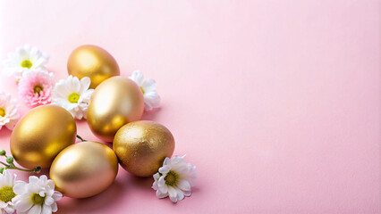 Celebrate Easter with elegance golden eggs and delicate white flowers adorn a pastel pink backdrop in this joyful holiday concept. A Happy Easter card with ample copy space for your warm wishes.