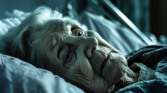 An elderly woman rests peacefully in a hospital bed, surrounded by quiet anticipation and serenity