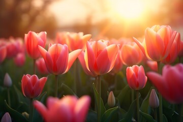 Field of tulips on sunset background