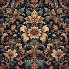Fototapeta premium Beautiful floral elegant swirls damask fabric seamless pattern of hand drawn flowers with decorative dark vintage with colorful wallpaper background