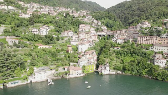 Aerial Shot of Nesso Village And Villas By Lake Como In Italy