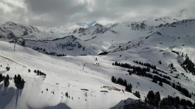 Portes du Soleil ski area in the Swiss-French Alps, aerial view of mountains and chairlifts