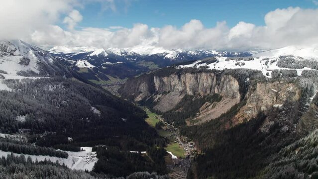 Aerial view of majestic valley in the French Alps, Morzine, France, 4K