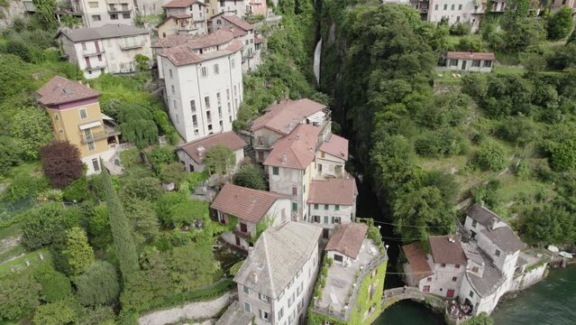 Picturesque Nesso Village on the Como Steep Shore - Aerial Drone Shot