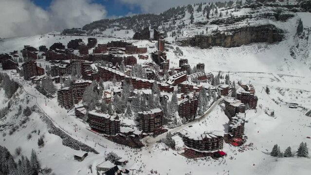 French Alpine Ski Village of Avoriaz 1800. Aerial shot