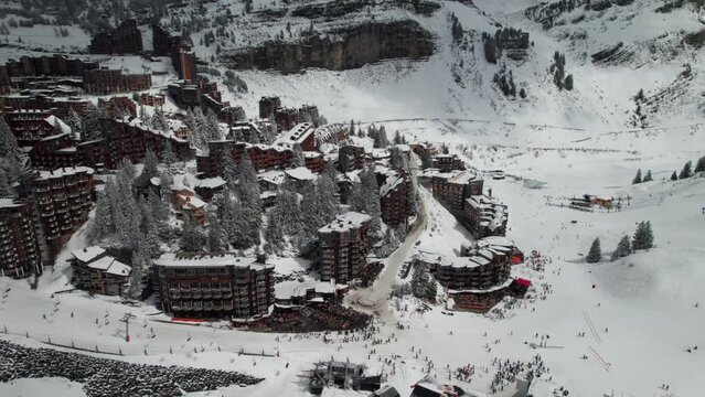 Avoriaz 1800 ski resort in winter, 4K drone shot