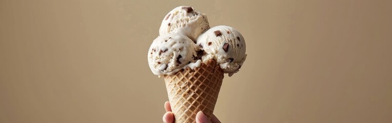 A hand holds an ice cream cone topped with three cookies