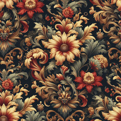 Beautiful floral elegant swirls damask fabric seamless pattern of hand drawn flowers with decorative dark vintage with colorful wallpaper background