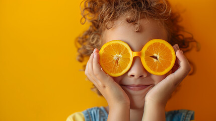 A kid playfully using slices of mango as eye covers exuding a tropical and lively vibe