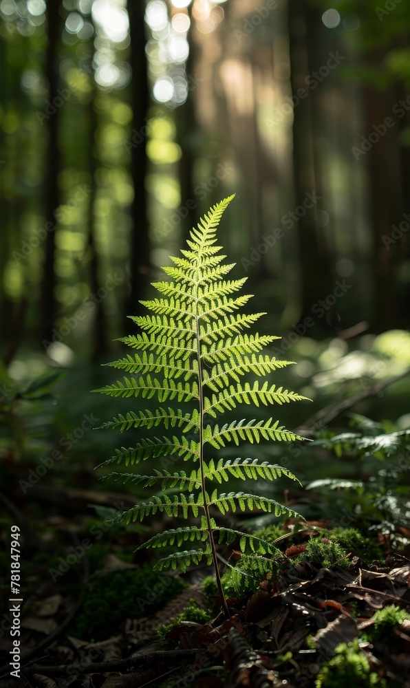 Sticker Vibrant fern leaves glow against a shadowed woodland backdrop.