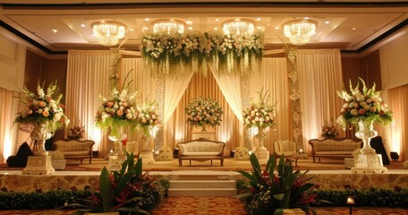 Fototapeta na wymiar Beautiful Interior of Marriage Hall. Decorated Stage wedding