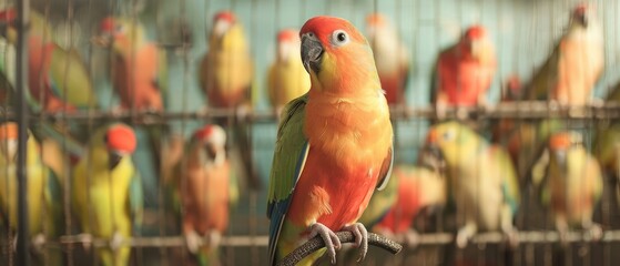 Lovebird sitting on a perch in a large cage in the background of many of the same birds.