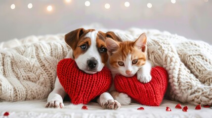 A brown and white puppy and an orange kitten share a cozy moment on a cream knit blanket with a heart pillow.