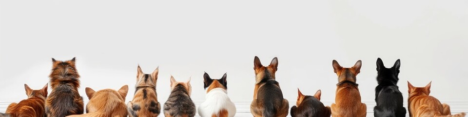 A variety of dogs and cats seen from behind looking upwards, representing anticipation and diversity.