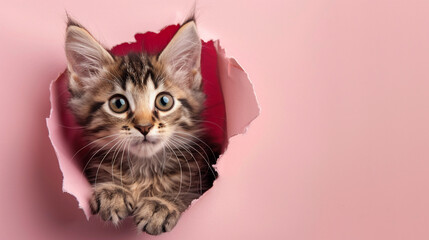 A playful kitten gazing through a hole in a soft pink paper wall offering plenty of copy space