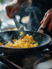 Fresh scrambled eggs cooking in a pan with steam.