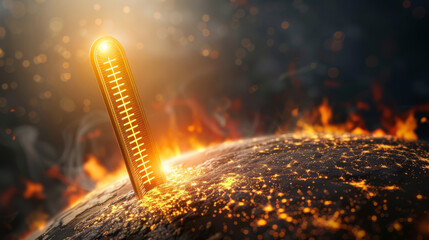 High-tech graphic of a thermometer, the mercury rising to critical levels against a backdrop of a darkening globe, - obrazy, fototapety, plakaty