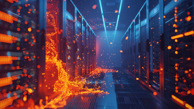 High-tech depiction of a data center imploding under the strain of excessive digital demand,