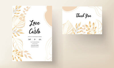 boho wedding invitation with elegant outline gold leaves
