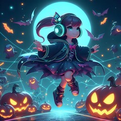 Cute illustration of dancing girl with headphones and Halloween pumpkins