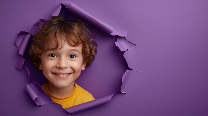 A smiling American kid peeking through a hole in a deep purple paper wall providing ample space for messaging