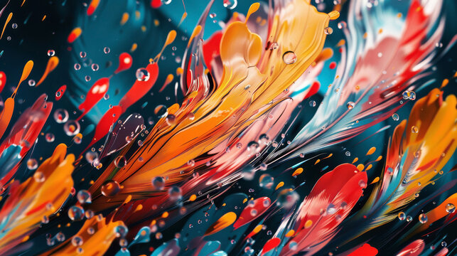 Visualization of paint splashes forming organic, feather-like patterns, each droplet adding to the vibrant plumage,