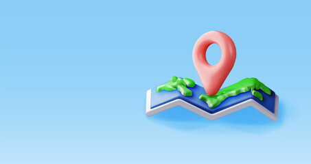 3D cartoon folded world map with location pin. Render world map silhouette. Planet icon. Cartography and geography. Earth day, Holiday and travel, GPS location navigation service. Vector Illustration