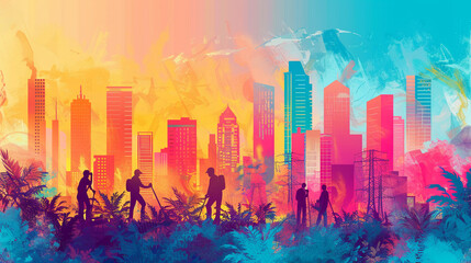 A vector concept showing a team of volunteers engaged in an urban renewal project with vibrant cityscape colors