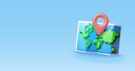 3D cartoon folded world map with location pin. Render world map silhouette. Planet icon. Cartography and geography. Earth day, Holiday and travel, GPS location navigation service. Vector Illustration