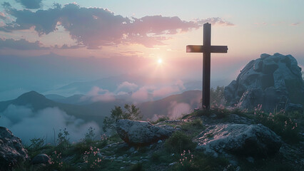 Divine Sunrise: Natural Lighting Illuminates Catholic Cross on Mountain Top