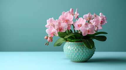 pink orchid in an emerald green ceramic vase on a light blue background