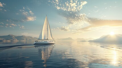 An electric-powered yacht sailing across a tranquil bay, with the wind in its sails and the sun...
