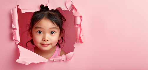 An adorable Asian little girl peeking through a hole in a soft pink paper wall with ample space for text