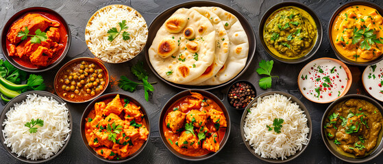 Traditional Indian Meal with Spicy Dishes, Authentic Cuisine Experience, Variety of Flavors and Ingredients, Gourmet Food Presentation and Dining - obrazy, fototapety, plakaty