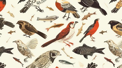 charming pattern for textiles or wallpaper, showcasing a repeating motif of adorable domestic animals â€“ including birds, 