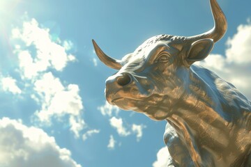 The bull is a symbol of the rising stock market. on the blue sky background 