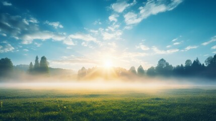  morning sun shines on the bright blue sky. with some mist floating above the ground 