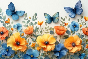 Seamless watercolor flower rainbow design. Rainbows, butterflies, and adorable