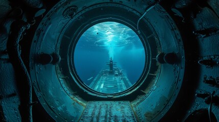 Carrier viewed through the periscope of a submarine, intriguing underwater perspective, - obrazy, fototapety, plakaty
