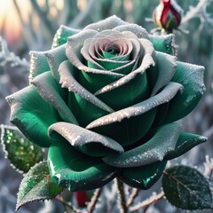 green flower in the snow, emerald velvet rose with diomand trim sparkling holographic glitter on a frosty morning - obrazy, fototapety, plakaty
