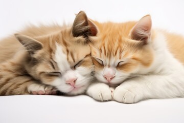 Two cats hugging each other while sleeping. 