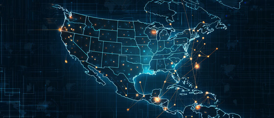 Digital world map, America pulsating as the heart of global tech research and development,