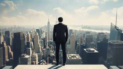 Fototapeta premium young man in black suit Standing in front of a skyscraper Looking at the big city 