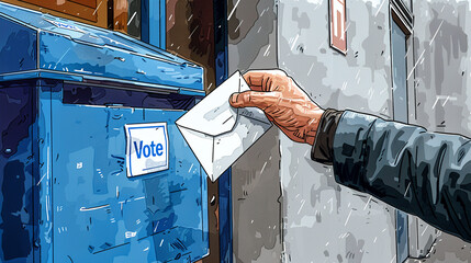 An ultrarealistic sketch of a mans hand dropping an envelope into a light blue electoral box with "Vote" signage set on a white background