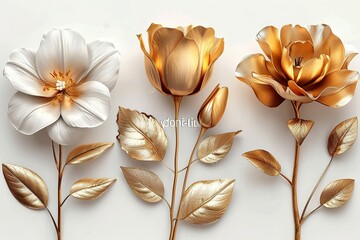 Set of golden floral art posters, gold rose, tulip and lilly on white background abstract concept art - obrazy, fototapety, plakaty
